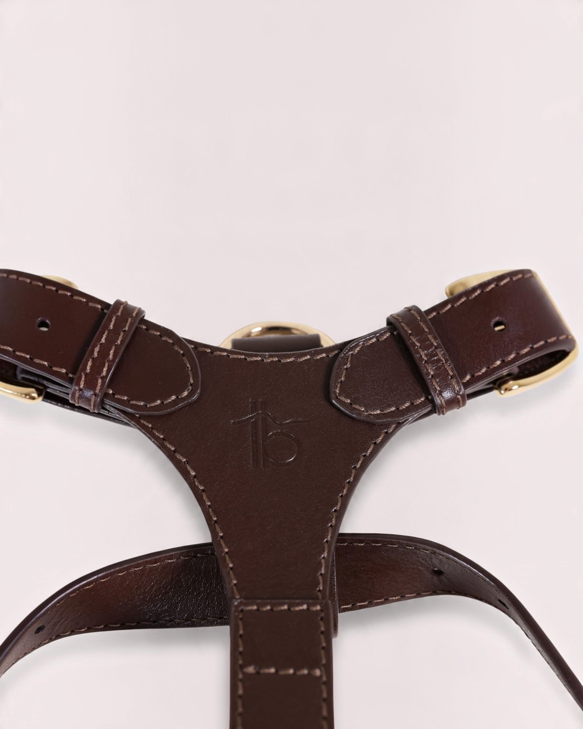 The bond brown leather dog harness with Y-shaped front, gold hardware, and embossed logo detail.