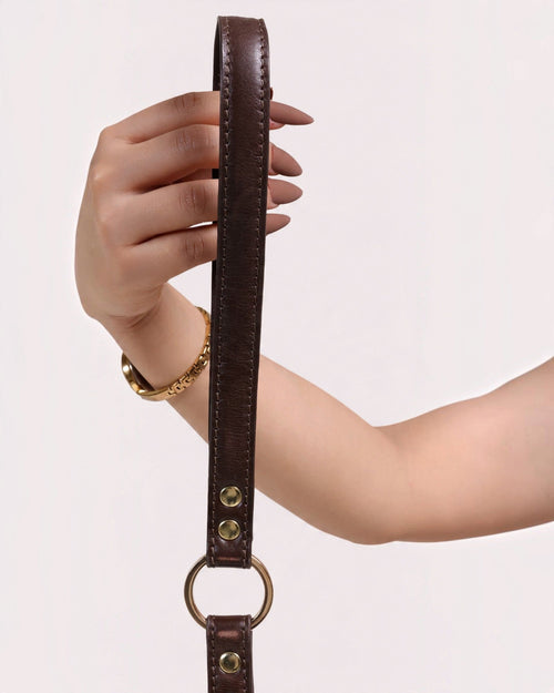 The bond brown vegetable tanned leather dog lead with solid zinc hardware held in a hand