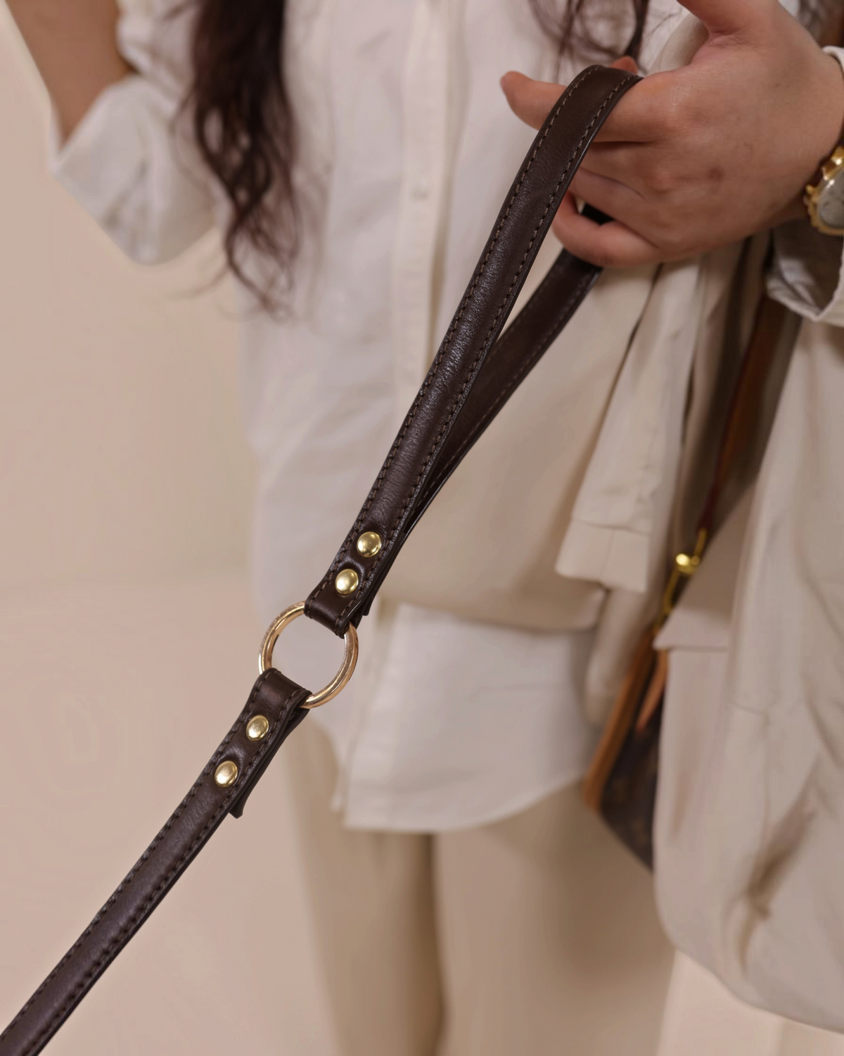 The bond brown vegetable tanned leather dog lead with gold-toned zinc hardware and double rivets held by a person.