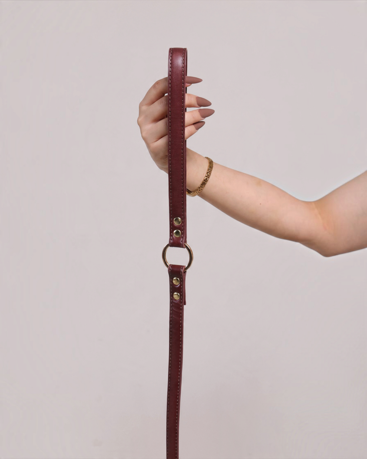 The bond burgundy vegetable tanned leather dog lead held by a hand, featuring solid zinc hardware and double rivets.